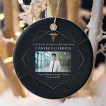 Chic Medical School Graduation Photo Christmas Ceramic Ornament<br><div class="desc">This chic black medical school graduation Christmas ornament features a black and gold geometric hexagon design with an elegant medical caduceus above a photo of the graduate. Modern eye-catching photograph celebration keepsake gift for a new doctor or nurse in 2025.</div>