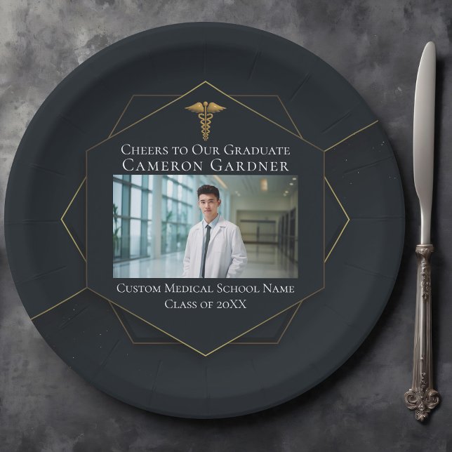 Chic Medical School Photo Black Graduation Party Paper Plates (Creator Uploaded)