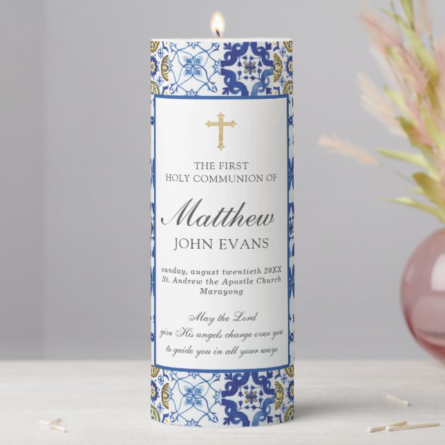Chic Mediterranean Blue Mosaic Tiles 1st Communion Pillar Candle (In Situ)