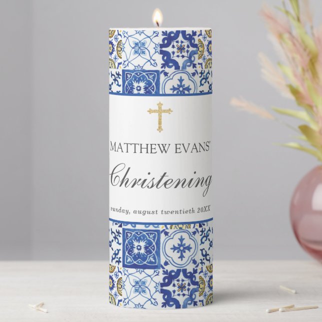 Chic Mediterranean Blue Mosaic Tiles Christening  Pillar Candle (In Situ)