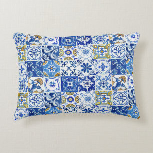 Chic Mediterranean Blue, White & Yellow Pattern Accent Pillow