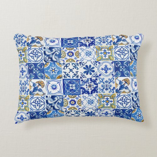 Chic Mediterranean Blue White  Yellow Pattern Accent Pillow