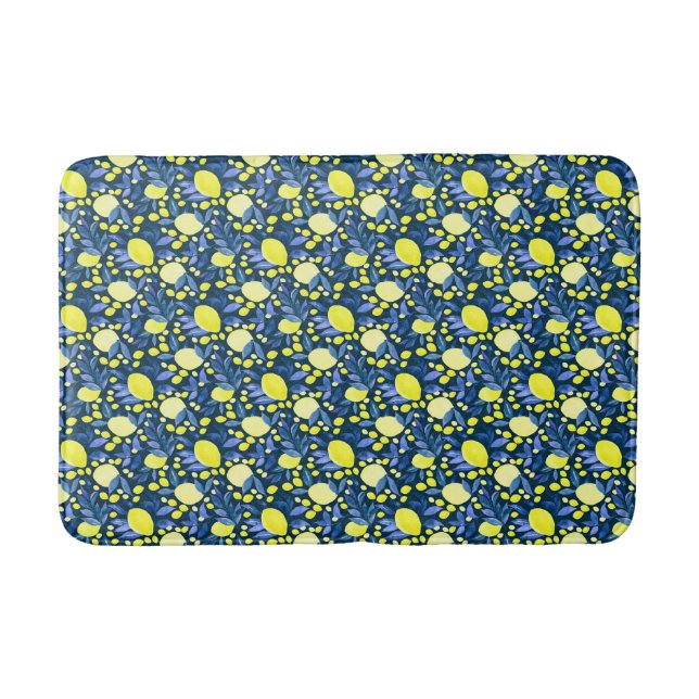 Chic Mediterranean Rustic Lemons Blue Leaf Bath Mat (Front)