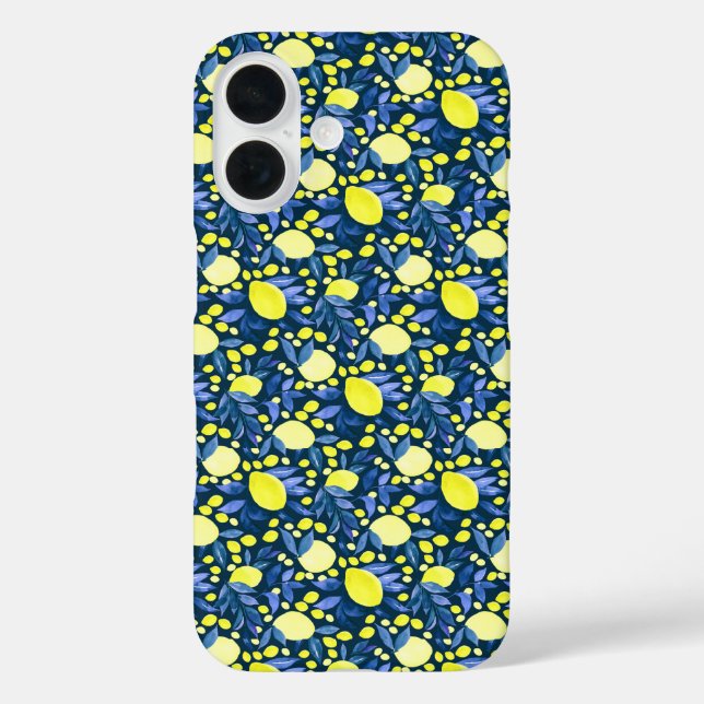 Chic Mediterranean Rustic Lemons Blue Leaf Case-Mate iPhone Case (Back)