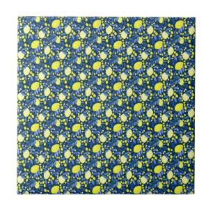Chic Mediterranean Rustic Lemons Blue Leaf Ceramic Tile