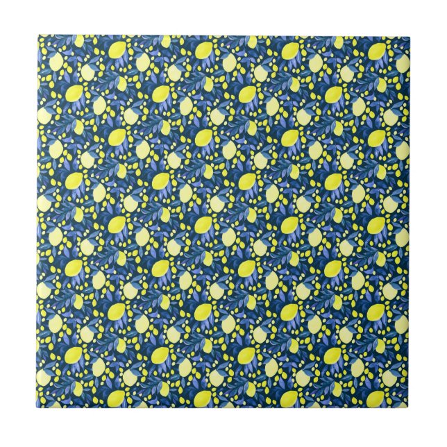 Chic Mediterranean Rustic Lemons Blue Leaf Ceramic Tile (Front)