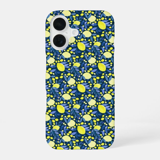 Chic Mediterranean Rustic Lemons Blue Leaf Iphone Case (Back)