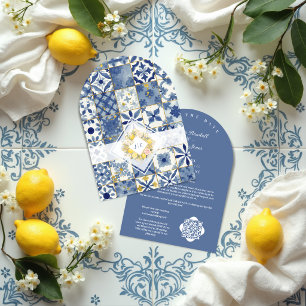 Chic Mediterranean Tiles Monogram Lemons & Flowers Save The Date