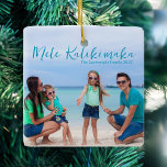 Chic Mele Kalikimaka Family Beach Vacation Photo Ceramic Ornament<br><div class="desc">Chic customizable beach family photo Christmas ornament with your favorite tropical photo in the sun. Add a full photograph of your favorite memory from your island vacation to the coast on the front and one on the back. A beautiful coastal holiday ornament gift with pretty blue script over the picture....</div>