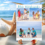 Chic Mele Kalikimaka Family Photo Collage Coastal Holiday Card<br><div class="desc">Chic customizable beach family photo collage Christmas card with your favorite tropical photos in the sun. Add 3 of your favorite memories from your island vacation to the coast on the front and one on the back. A beautiful coastal holiday card with a clean, modern photograph layout and pretty blue...</div>