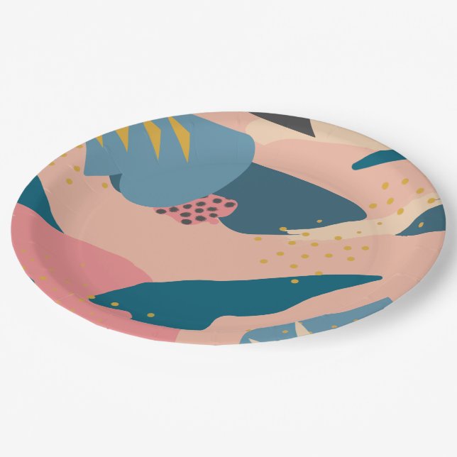 Chic Memphis Style Abstract Gold Pink & Teal Party Paper Plates (Angled)