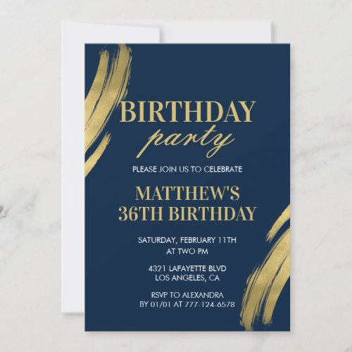 Chic Men Gold Navy 36th birthday party invitations