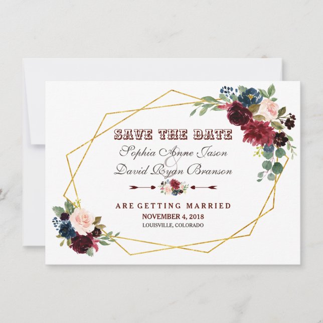 ChIc Merlot Navy Blue Floral Gold Frame Save The Date (Front)