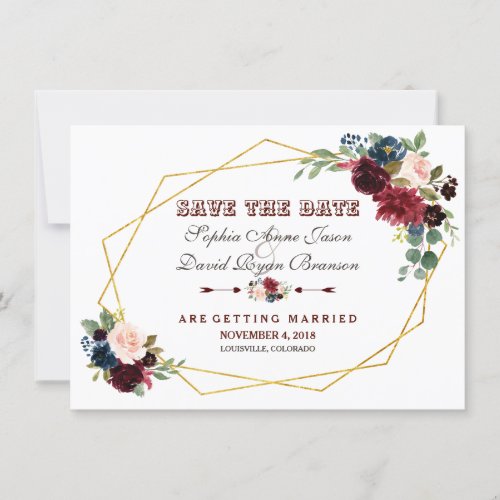 ChIc Merlot Navy Blue Floral Gold Frame Save The Date