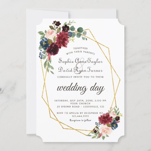 Chic Merlot Navy Blue Floral Gold Frame Wedding Invitation