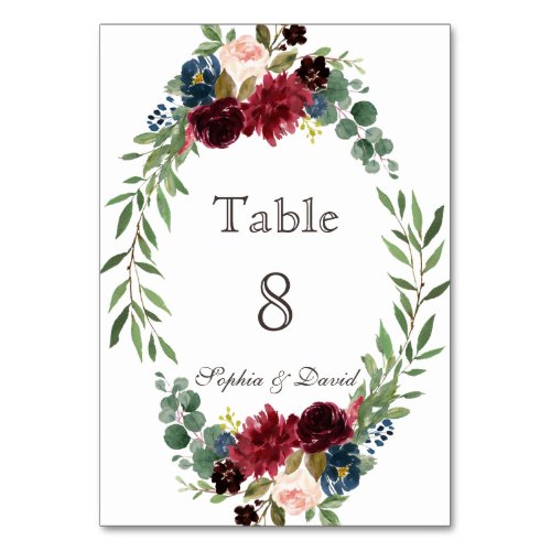 Chic Merlot Navy Blue Floral Table Number