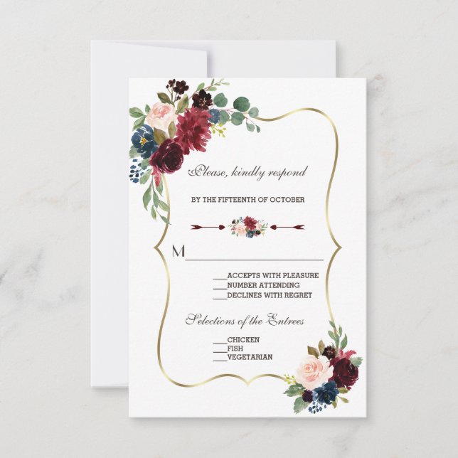 Chic Merlot Navy Blue Floral Wedding RSVP (Front)