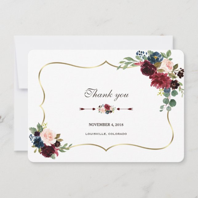 Chic Merlot Navy Blue Floral Wedding Thank you Invitation (Front)