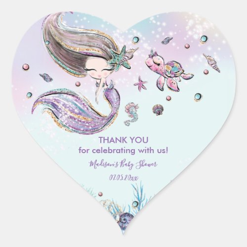 Chic Mermaid Birthday Baby Shower Thank You Favor Heart Sticker