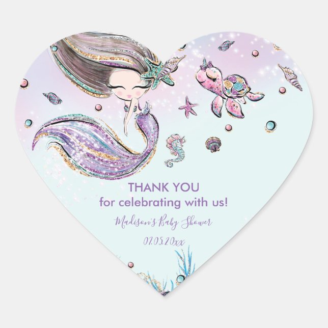 Chic Mermaid Birthday Baby Shower Thank You Favor Heart Sticker (Front)