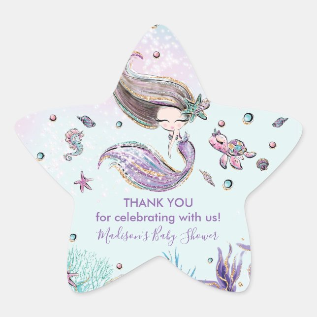 Chic Mermaid Birthday Baby Shower Thank You Favor Star Sticker (Front)