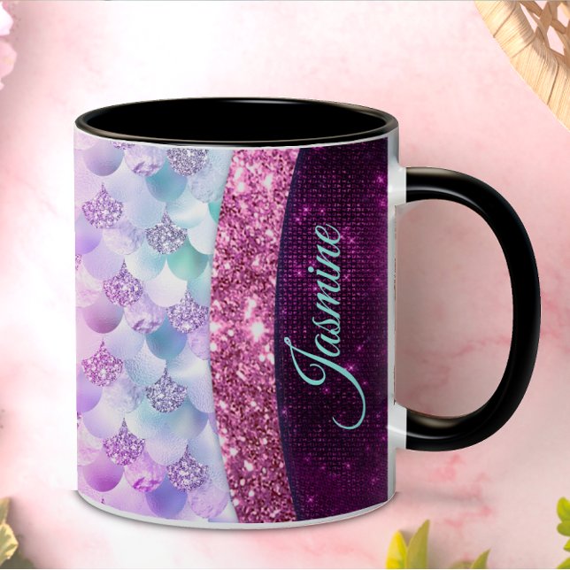 Chic mermaid pink silver faux glitter monogram coffee mug (Creator Uploaded)