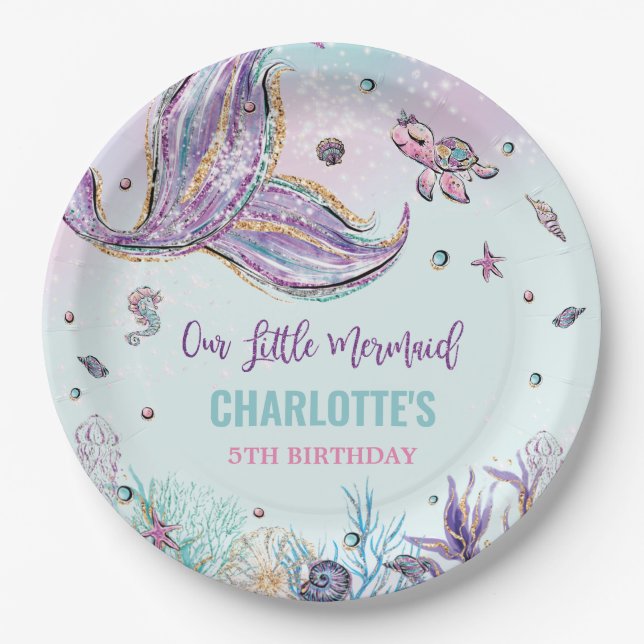 Chic Mermaid Tail Under the Sea Girl Birthday Paper Plates (Front)