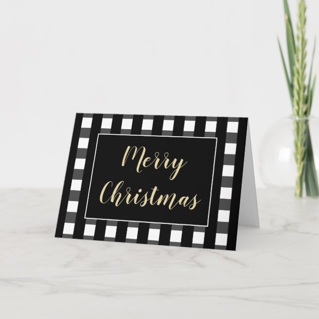 Chic Merry Christmas Black and White Plaid Blank Card (Front)