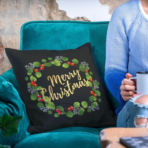 Chic Merry Christmas Floral Wreath Throw Pillow