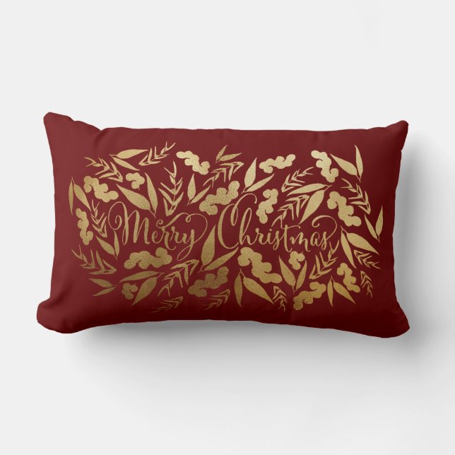 Chic Merry Christmas Gold Burgundy Eucalyptus Lumbar Pillow (Front)