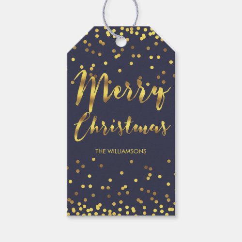 Chic Merry Christmas Gold Foil Confetti Blue Gift Tags