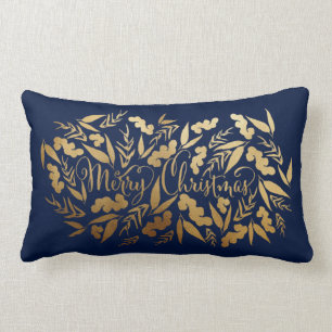 Chic Merry Christmas Gold Navy Blue Eucalyptus Lumbar Pillow