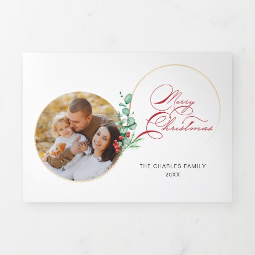 Chic Merry Christmas Gold Swirl Floral Photo Tri_Fold Holiday Card