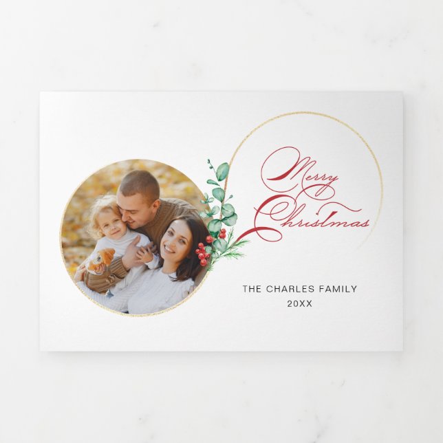 Chic Merry Christmas Gold Swirl Floral Photo Tri-Fold Holiday Card (Cover)