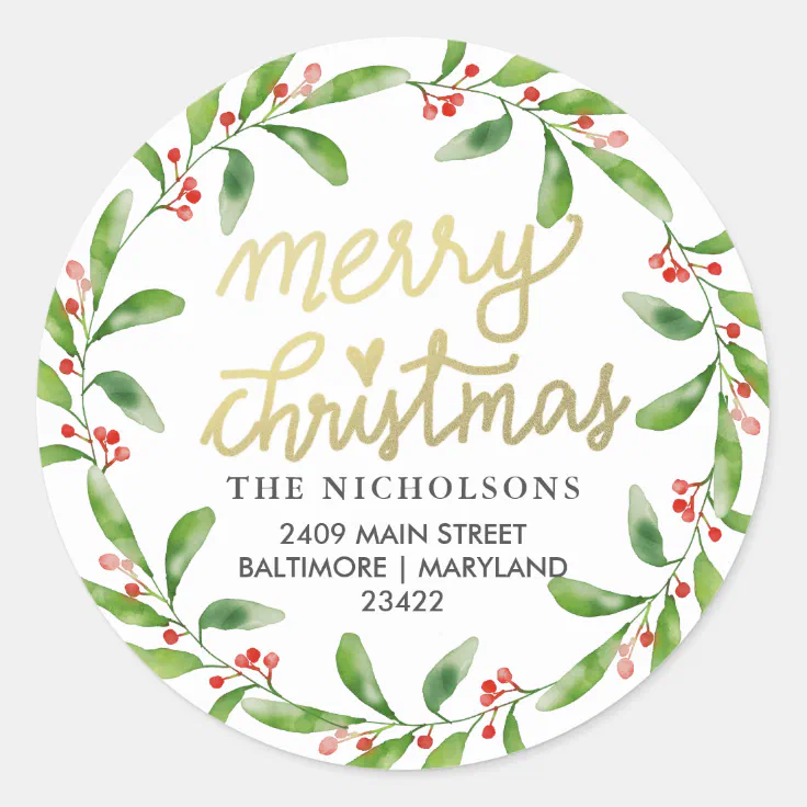 Chic Merry Christmas Holly Wreath Return Address Classic Round Sticker Zazzle 1609