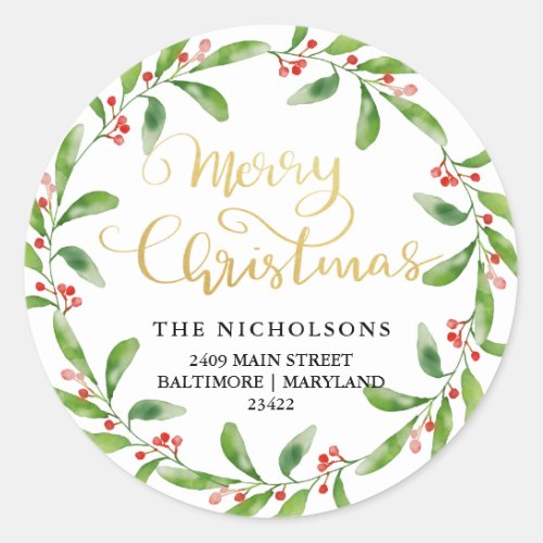 Chic Merry Christmas Holly Wreath  Return Address Classic Round Sticker