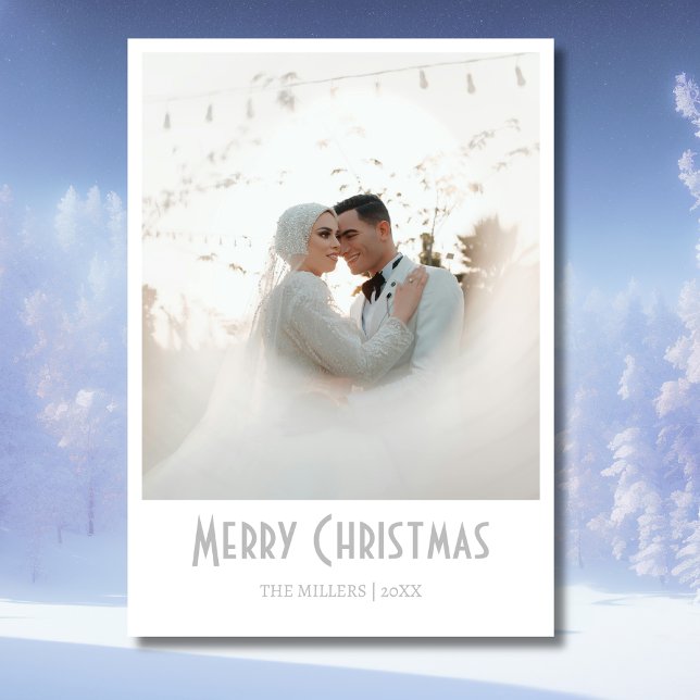 Chic Merry Christmas Newlywed Photo Light Gray Holiday Card (Creator Uploaded)