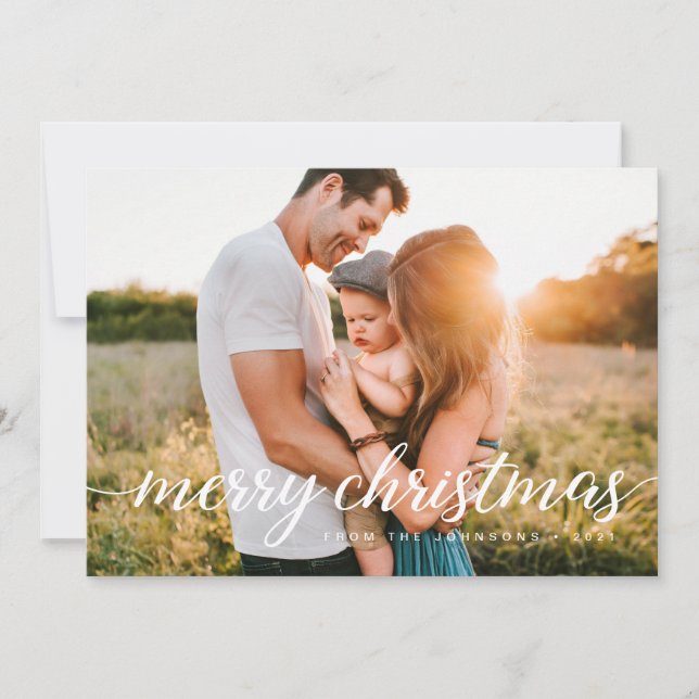 Chic Merry Christmas Personalized Family Photo Holiday Card (Front)