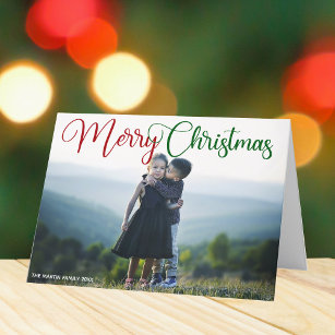 Chic Merry Christmas Photo Red Green Script Holiday Card