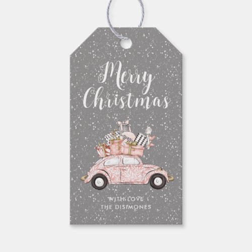 Chic Merry Christmas Pink Car Gray Holiday Gift Tags