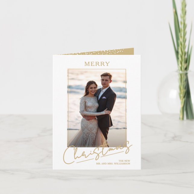 Chic Merry Christmas Script Folded Photo Holiday Card (Front)