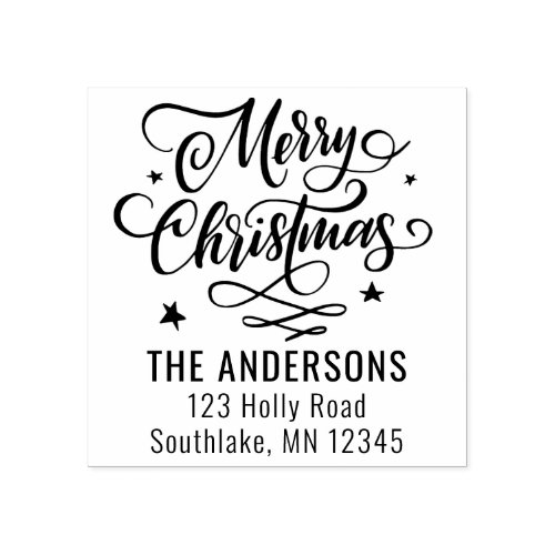 Chic Merry Christmas Script Holiday Return Address Rubber Stamp