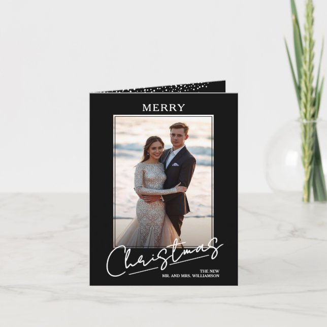 Chic Merry Christmas Script on Black Folded Photo Holiday Card (Front)