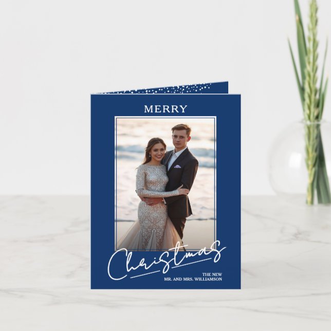 Chic Merry Christmas Script on Blue Folded Photo Holiday Card (Front)