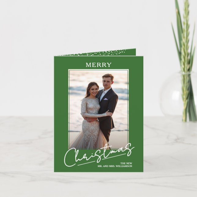 Chic Merry Christmas Script on Green Folded Photo Holiday Card (Front)