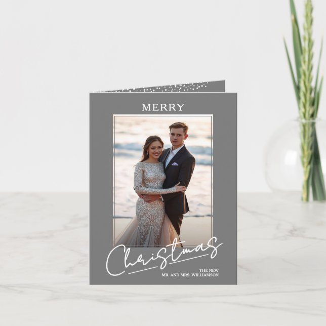 Chic Merry Christmas Script on Grey Folded Photo Holiday Card (Front)