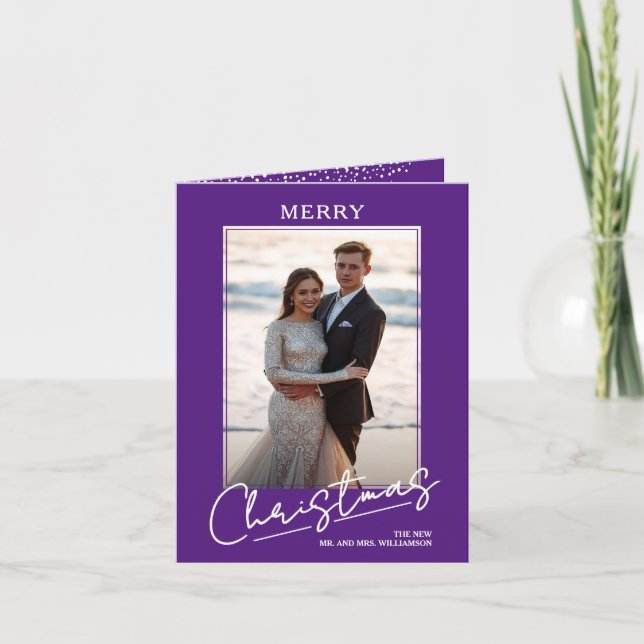 Chic Merry Christmas Script on Purple Folded Photo Holiday Card (Front)