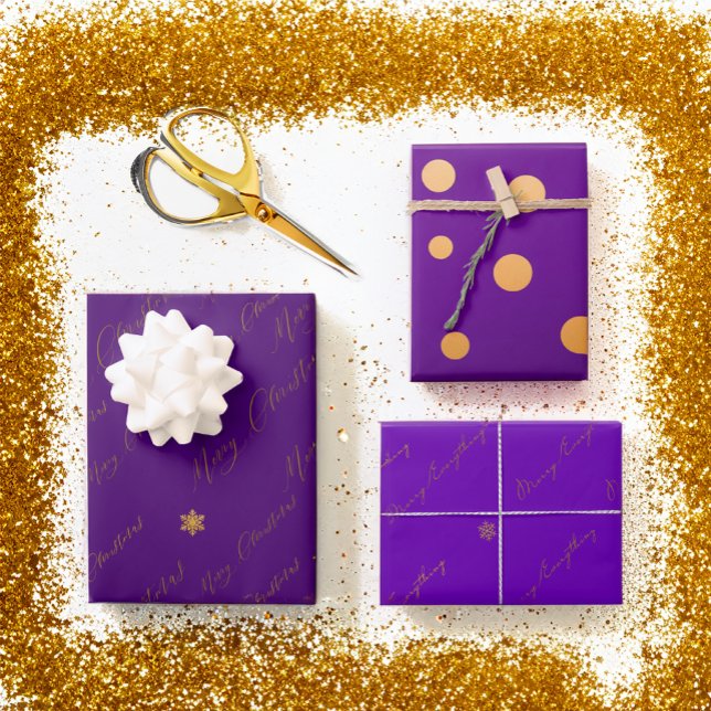 Chic Merry Christmas Script Purple and Gold  Wrapping Paper Sheets (Elegant Purple and Gold Wrapping Paper set)