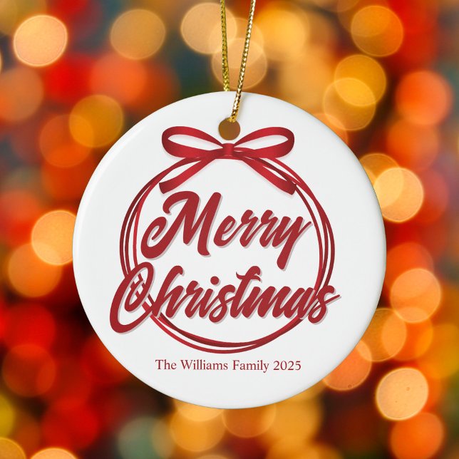 Chic Merry Christmas Script Red Ribbon Bow Ceramic Ornament (Creator Uploaded)