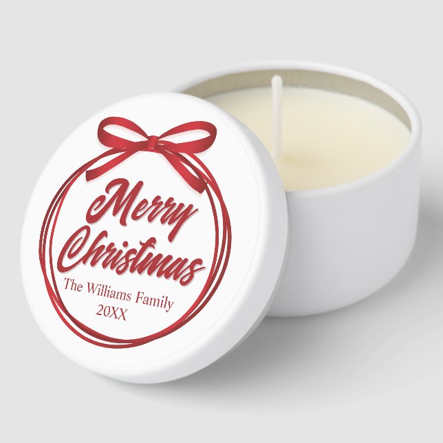 Chic Merry Christmas Script Red Ribbon Bow Custom Mini Candle Favors (Corner)